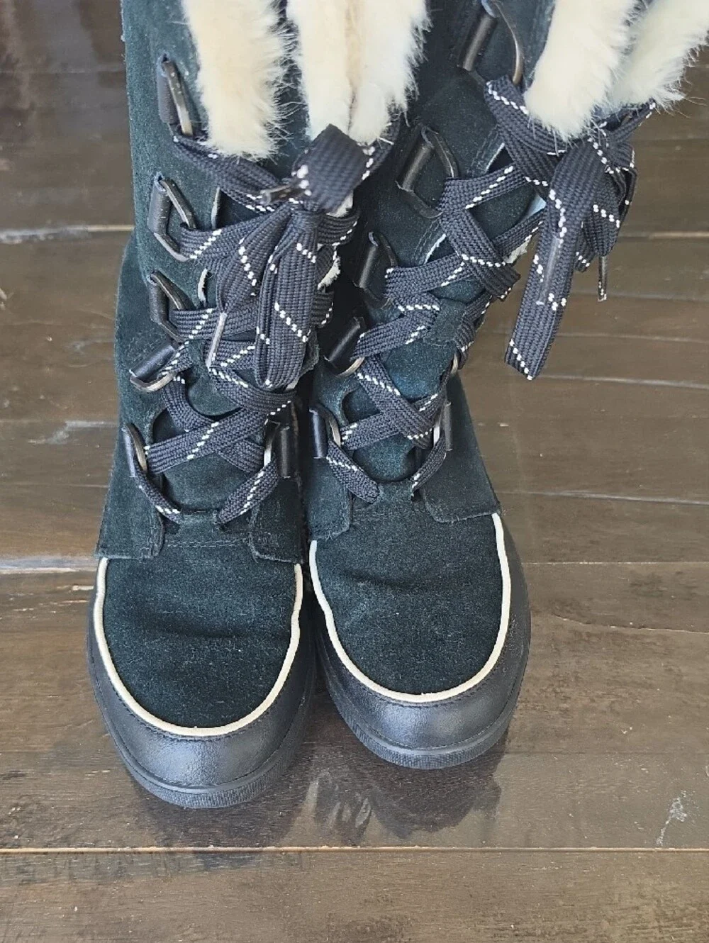 (8) Sorel Black Waterproof Lace-Up Winter Boots with Faux Fur Trim Suede Warm - Picture 10 of 10